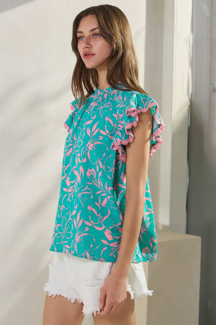 Oddi "Cotton Candy" Lace Trim Flutter Sleeve Western Top — Turquoise & Candy Pink Print with Button Neck