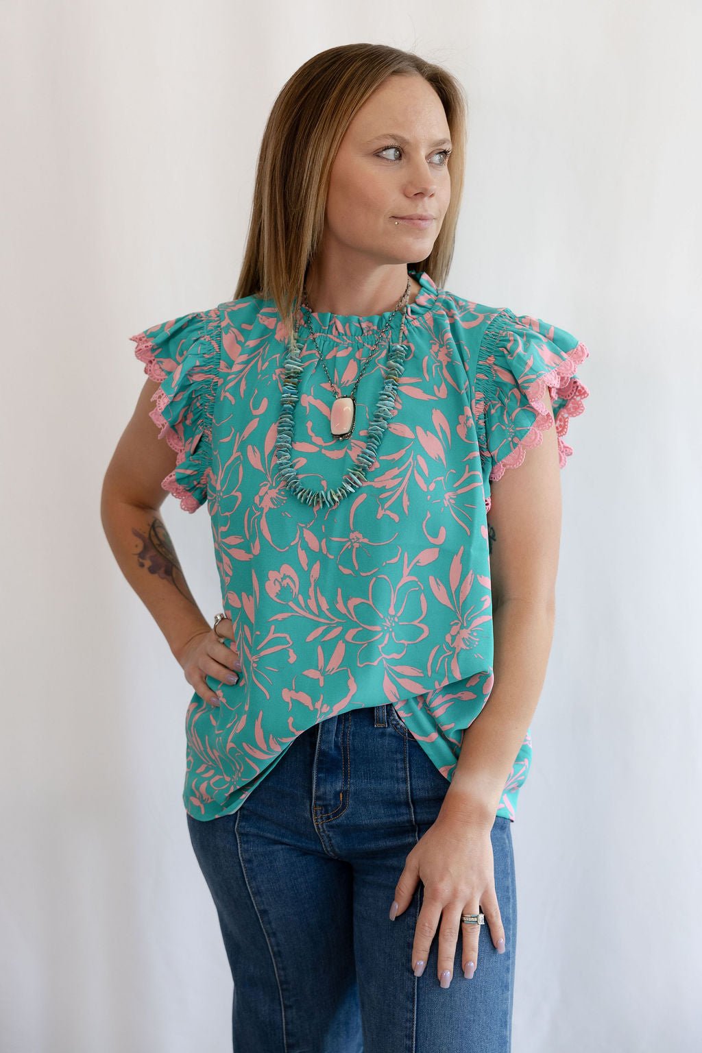 Oddi "Cotton Candy" Lace Trim Flutter Sleeve Western Top — Turquoise & Candy Pink Print with Button Neck