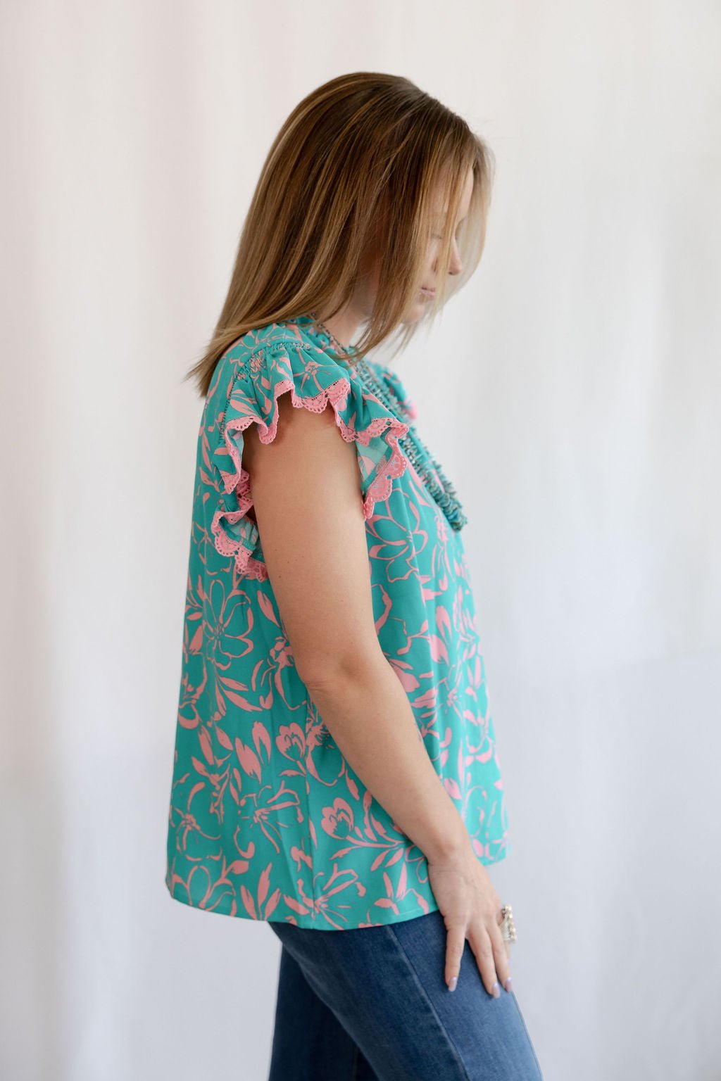 Oddi "Cotton Candy" Lace Trim Flutter Sleeve Western Top — Turquoise & Candy Pink Print with Button Neck