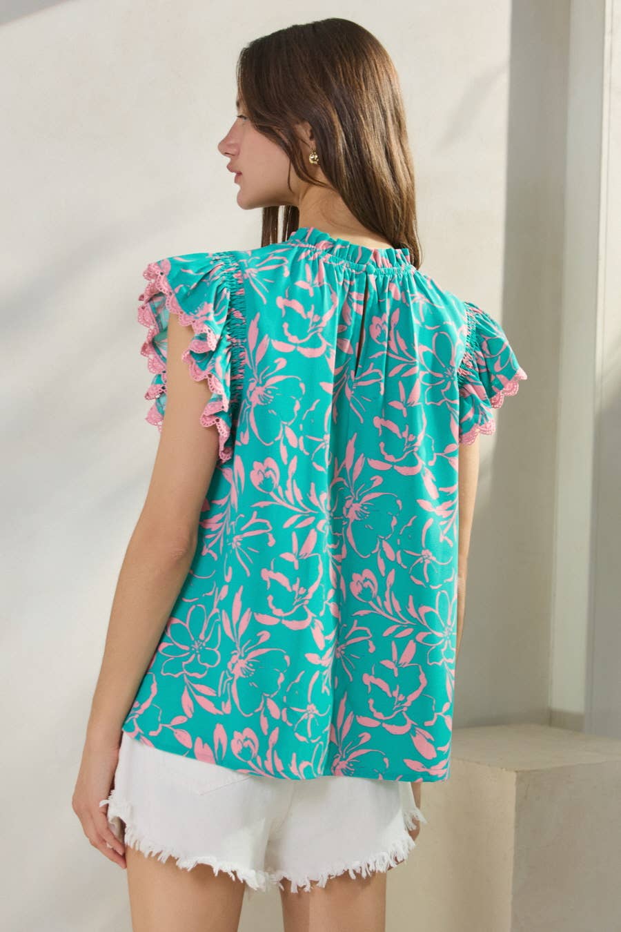 Oddi "Cotton Candy" Lace Trim Flutter Sleeve Western Top — Turquoise & Candy Pink Print with Button Neck
