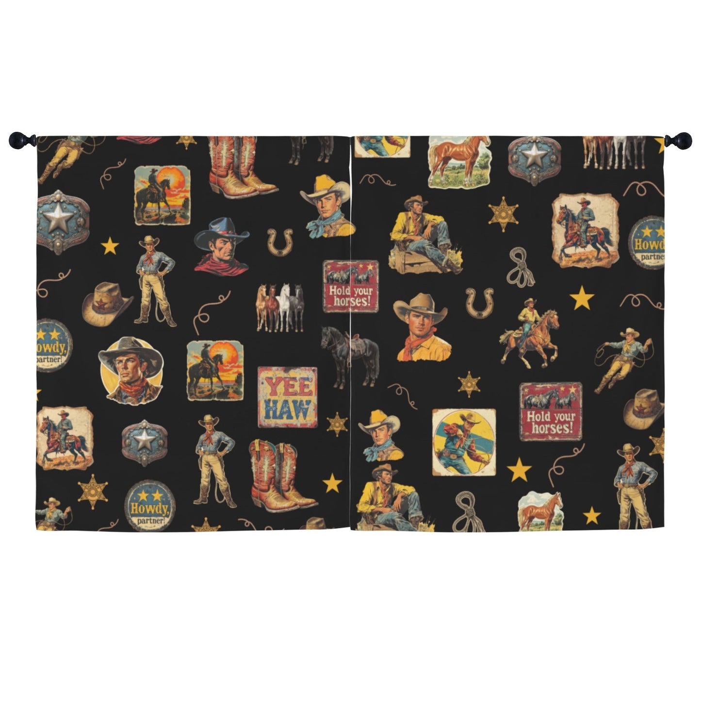 Vintage Cowboy Collage Western Curtains 52" x 63" Made in America