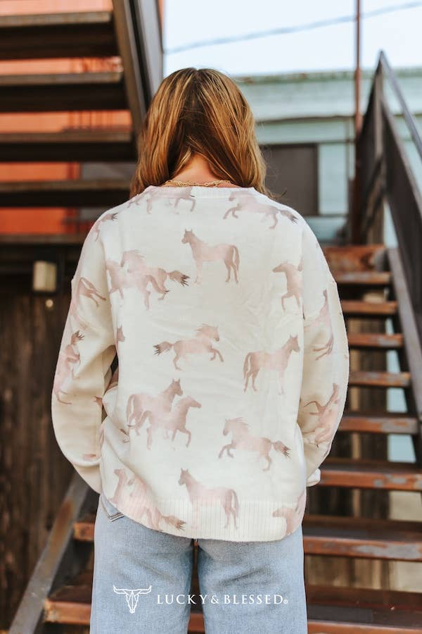 Ivory Soft Knit Sweater W Tonal Horse Detail