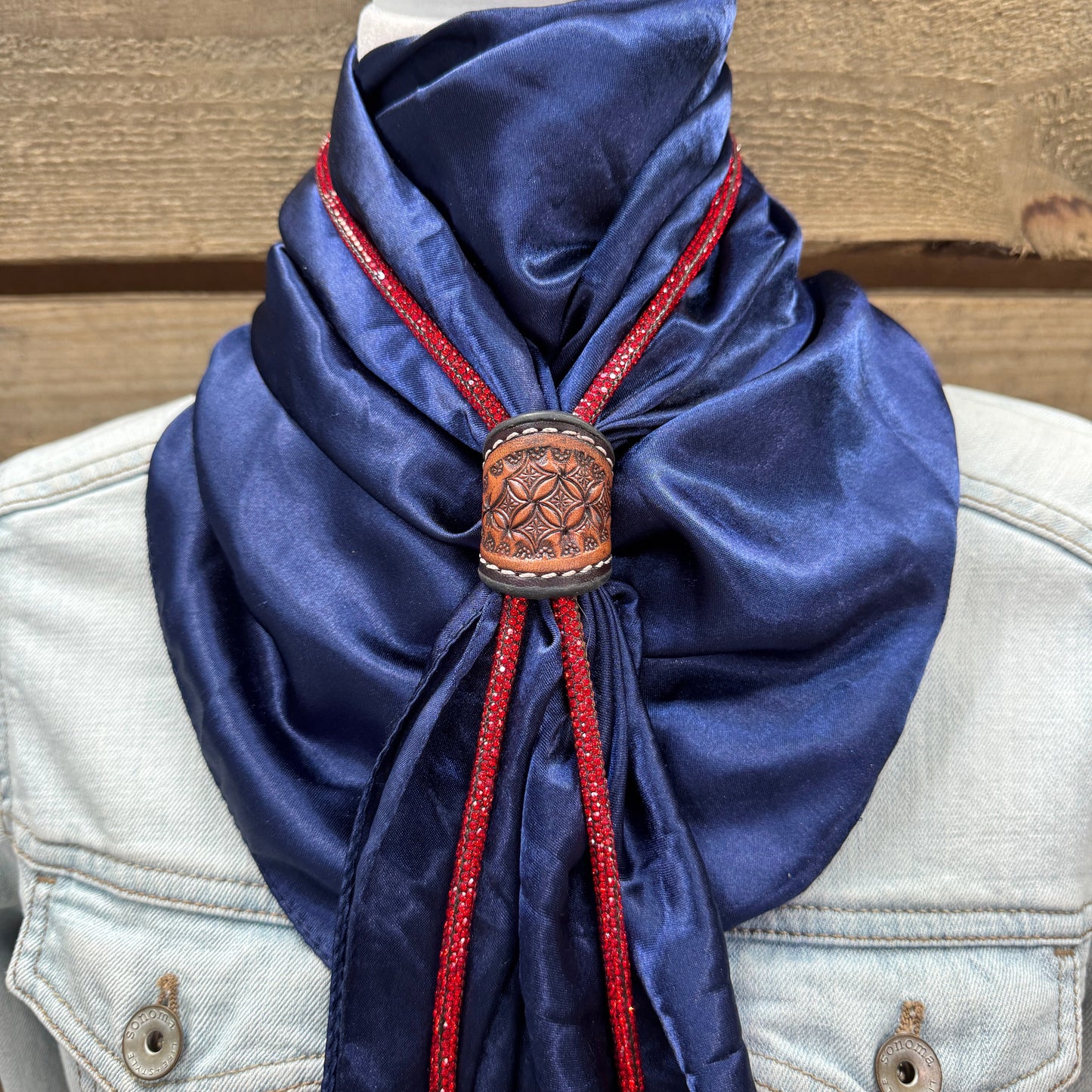 35X35" Solid Dark Blue Wild Rag / Scarf - Leather Slide and Bolo Tie