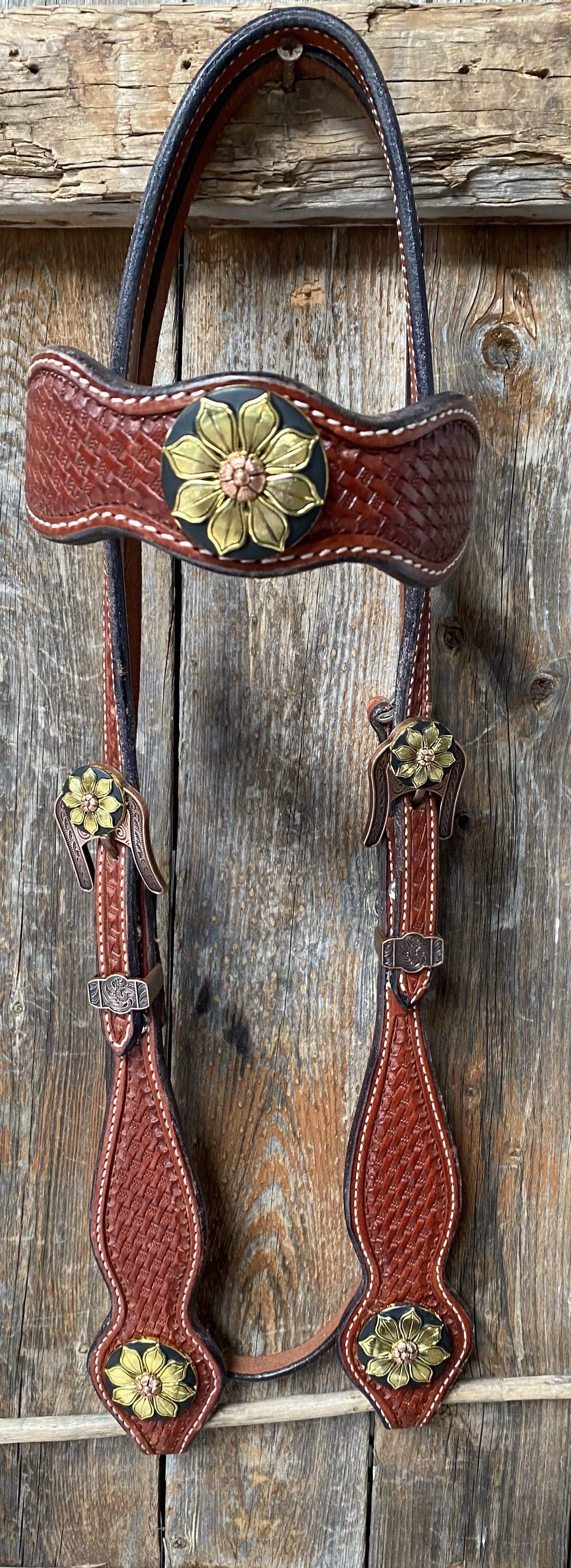 Basketweave Browband Headstall / Bridle - Gold Sunflowers #BB1058