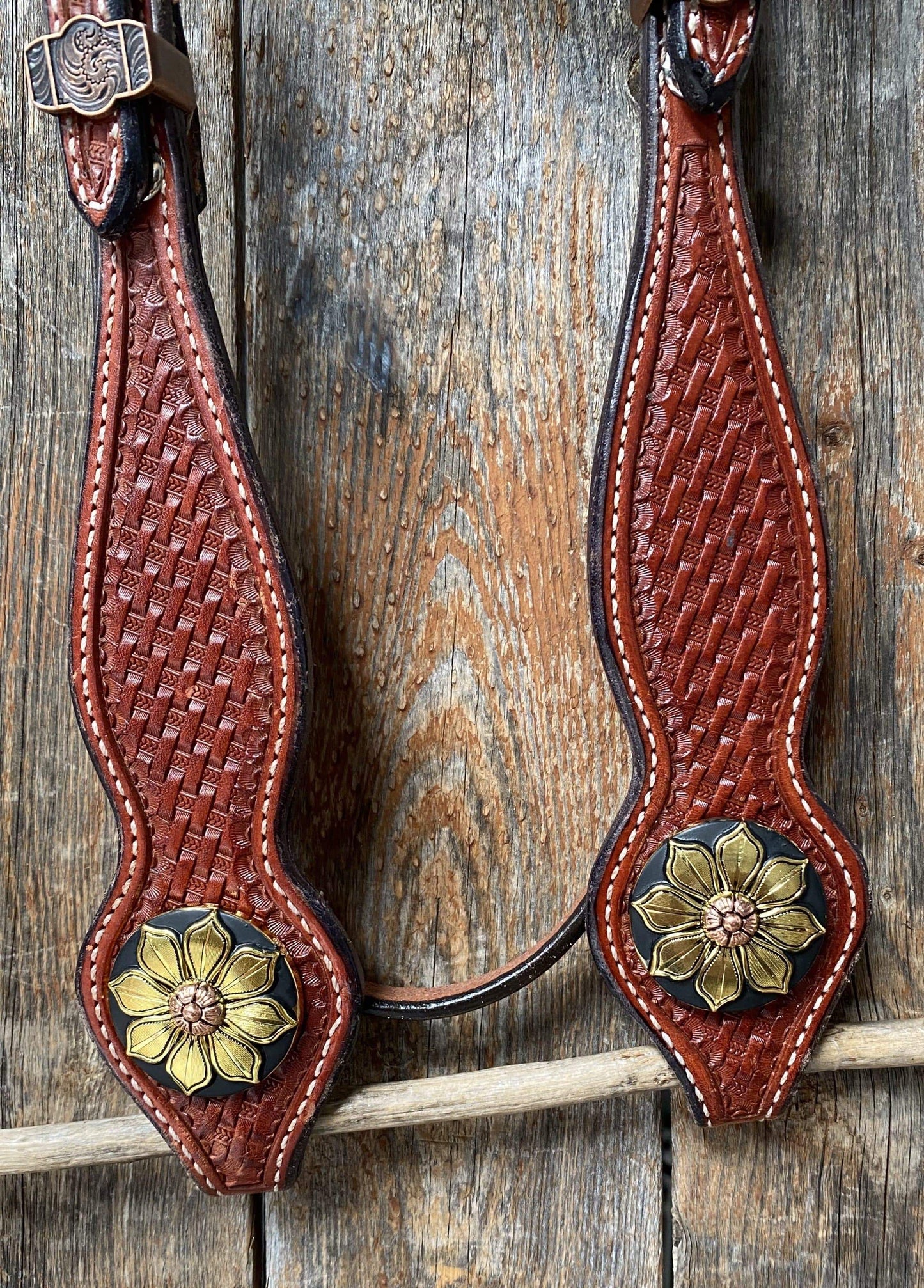 Basketweave Browband Headstall / Bridle - Gold Sunflowers #BB1058