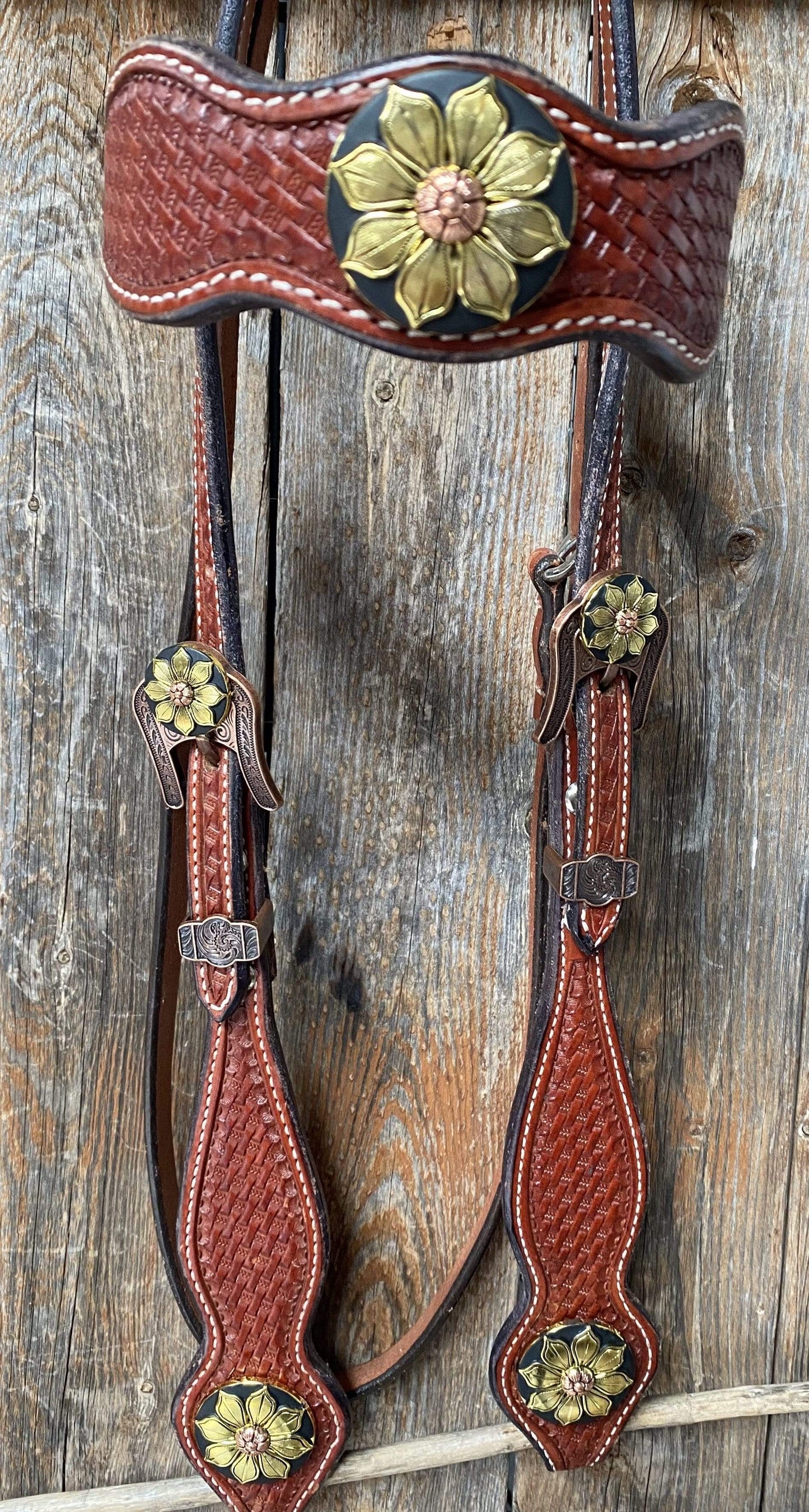 Basketweave Browband Headstall / Bridle - Gold Sunflowers #BB1058