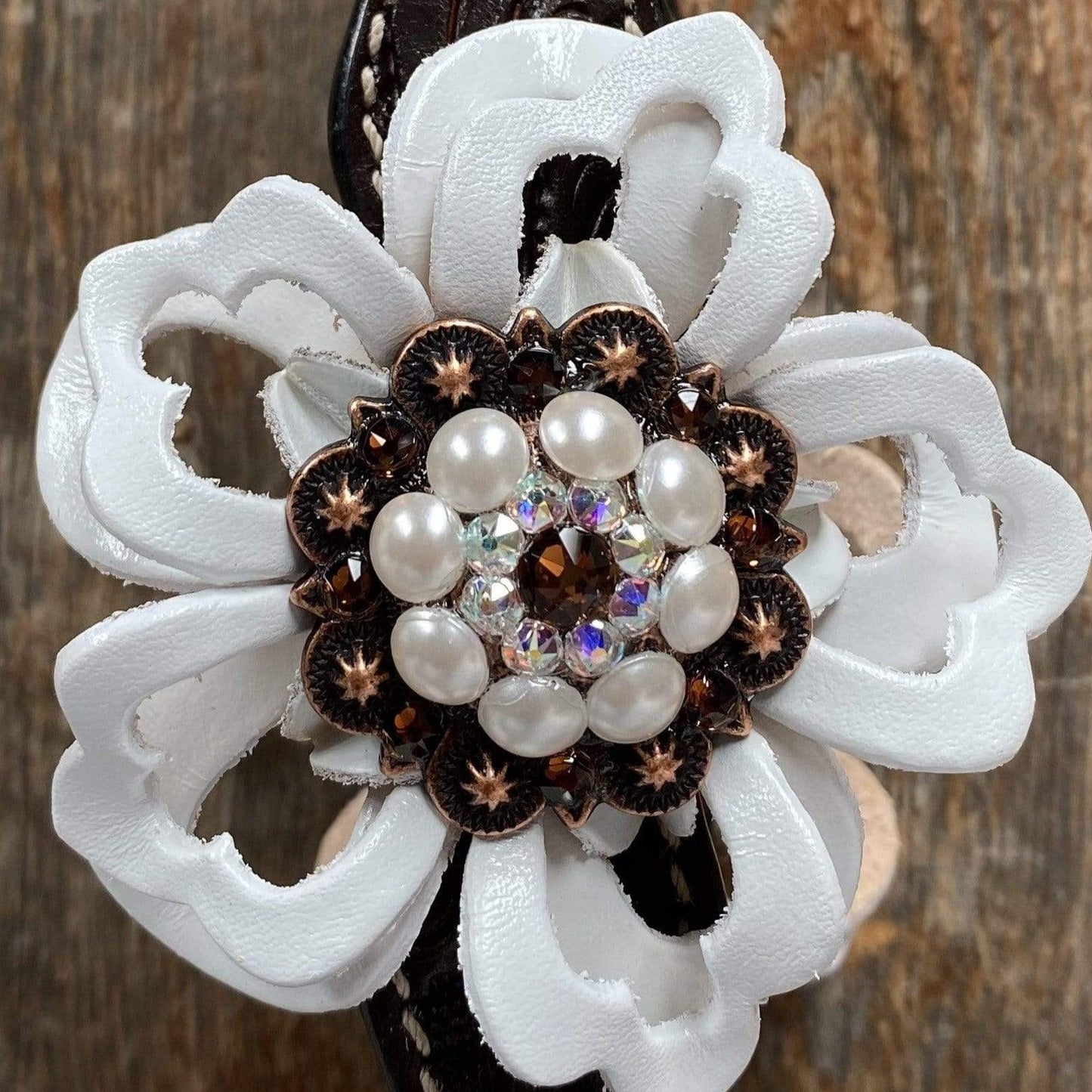Dark Oil One Ear Headstall / Bridle - White Flower & European Crystal Conchos #OE241