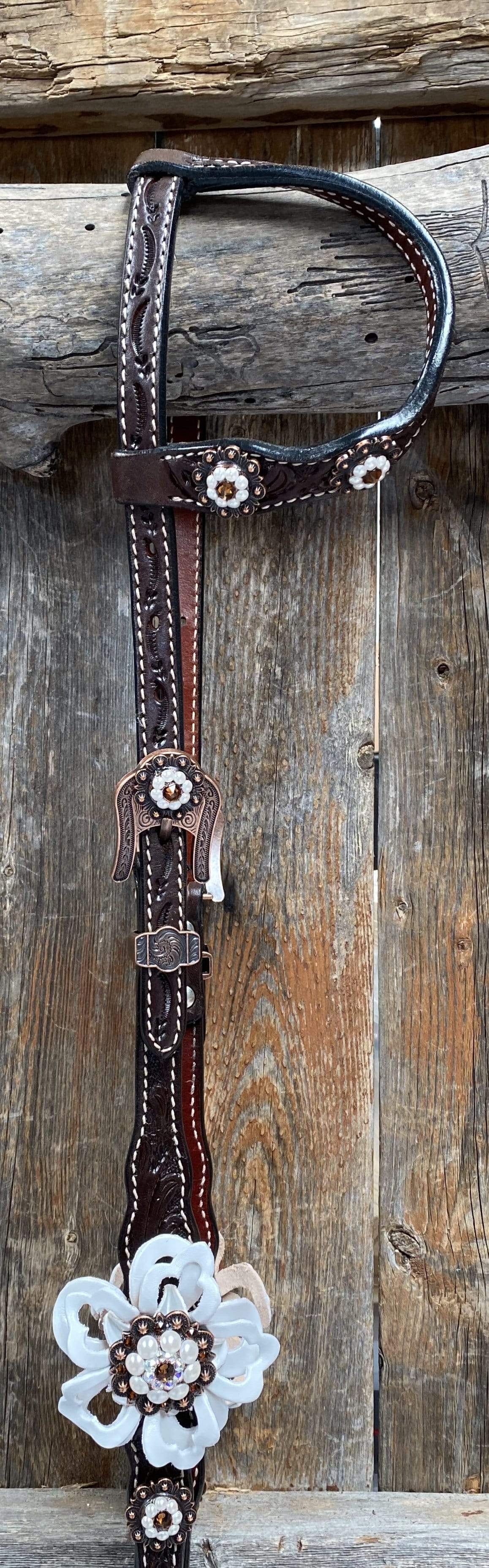 Dark Oil One Ear Headstall / Bridle - White Flower & European Crystal Conchos #OE241