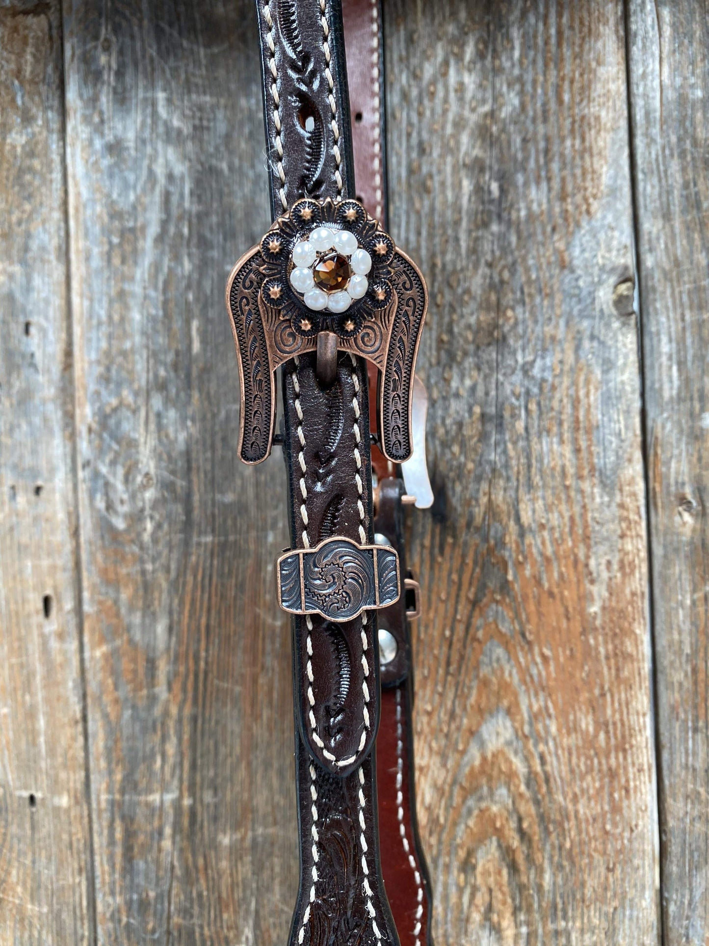 Dark Oil One Ear Headstall / Bridle - White Flower & European Crystal Conchos #OE241