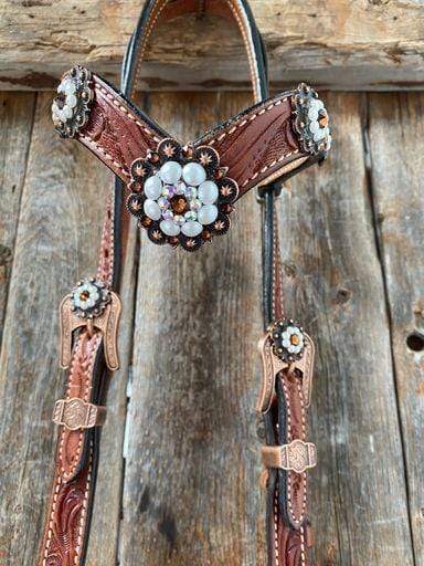 Medium Oil Floral Pearl Browband/Breastcollar Tack Set #BBBC404