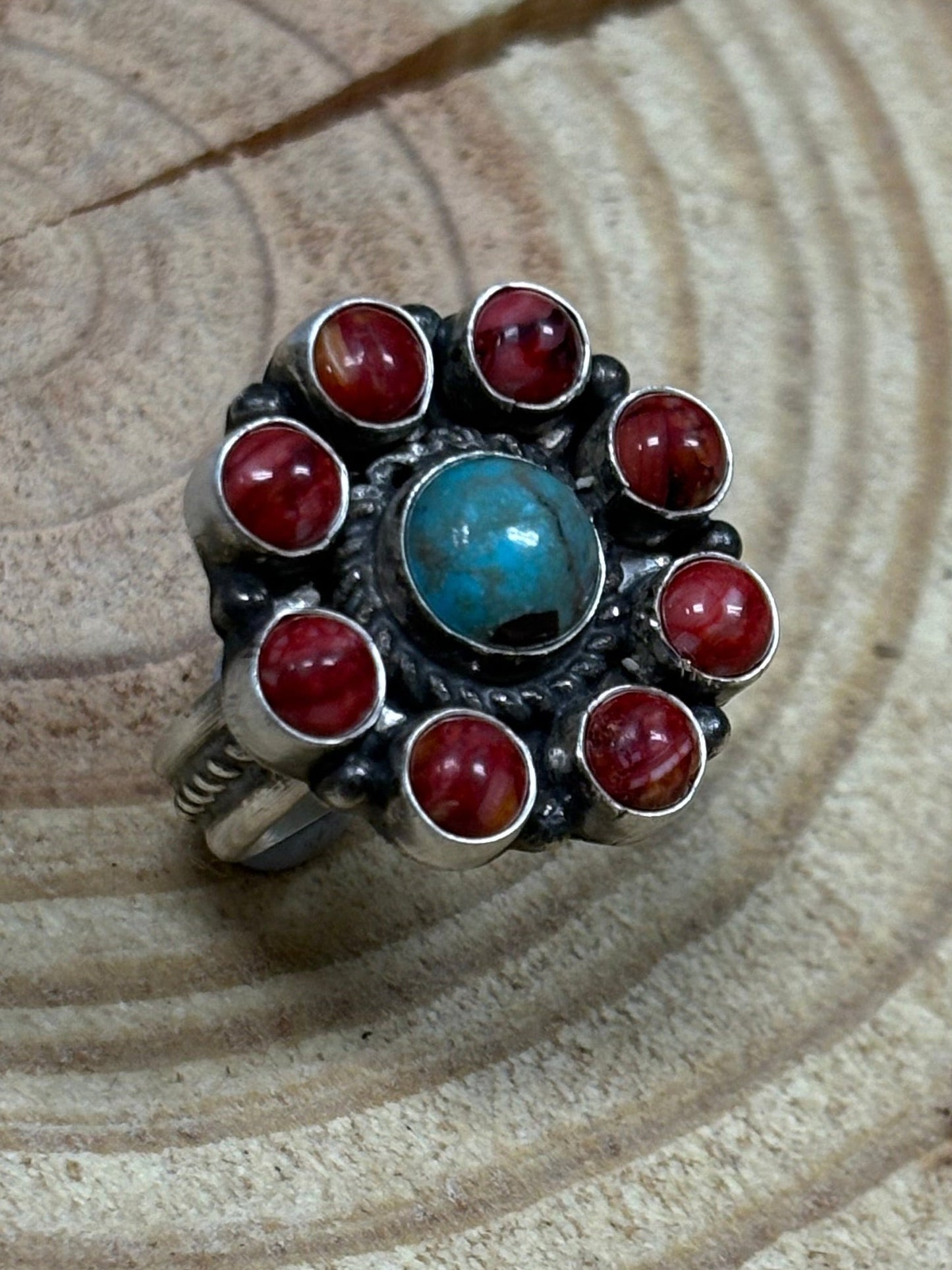 Devin Brown Navajo Sterling Silver Coral & Turquoise Adjustable Ring — Size 7.5–9