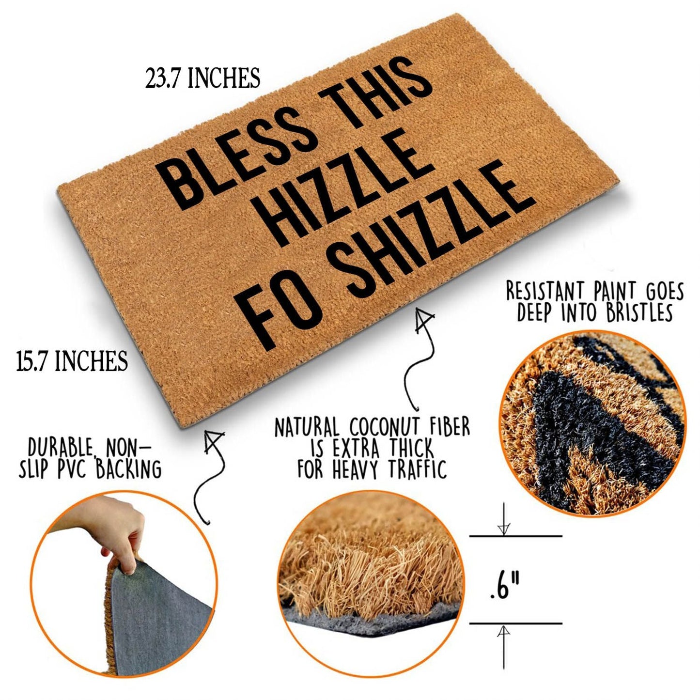 "Bless This Hizzle Fo Shizzle" Heavy-Duty Coconut Coir Doormat - Non-Slip Premium Outdoor Mat for Entryway with Humorous Housewarming Gift Design, 23.6x15.7 Inch (60x40cm) Durable Front Porch Decor