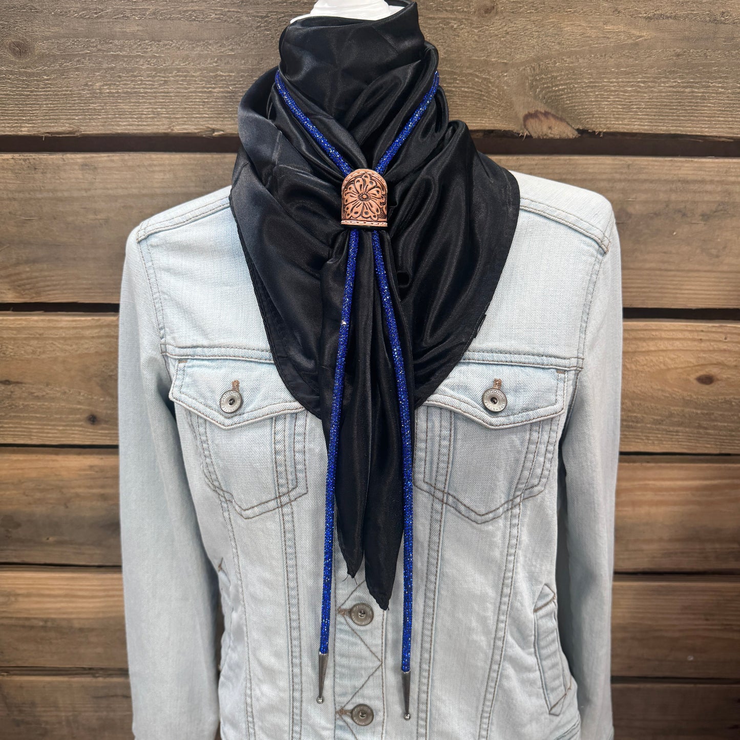 35X35" Solid Black Wild Rag / Scarf - Leather Slide and Bolo Tie