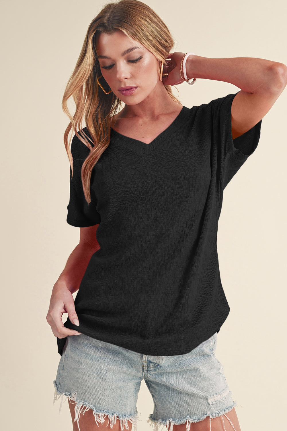 Crinkled V Neck Tee