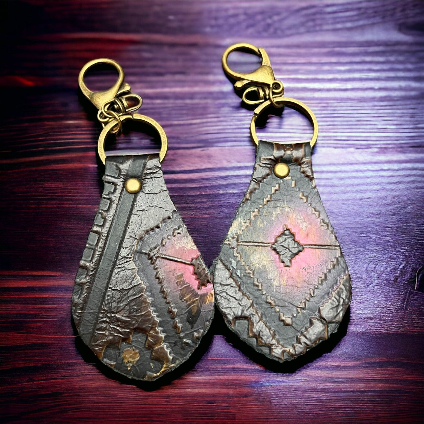 Western Embossed Leather Key Chain — Magenta Navajo Print (Handmade in Texas)