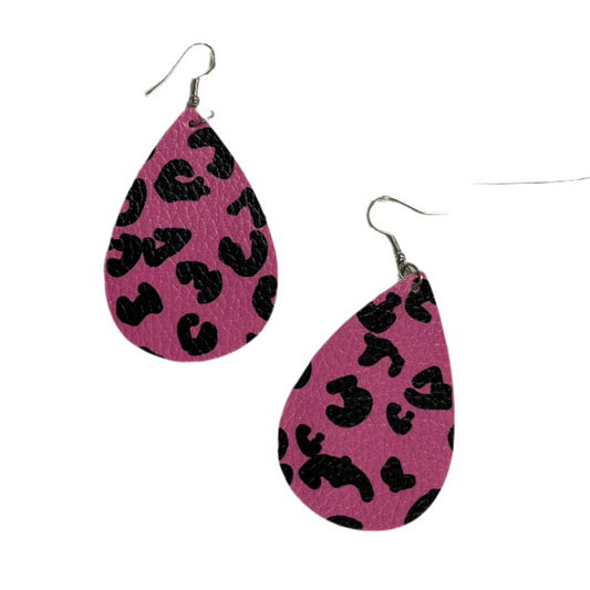 Pink Cheetah Leather Teardrop Earrings