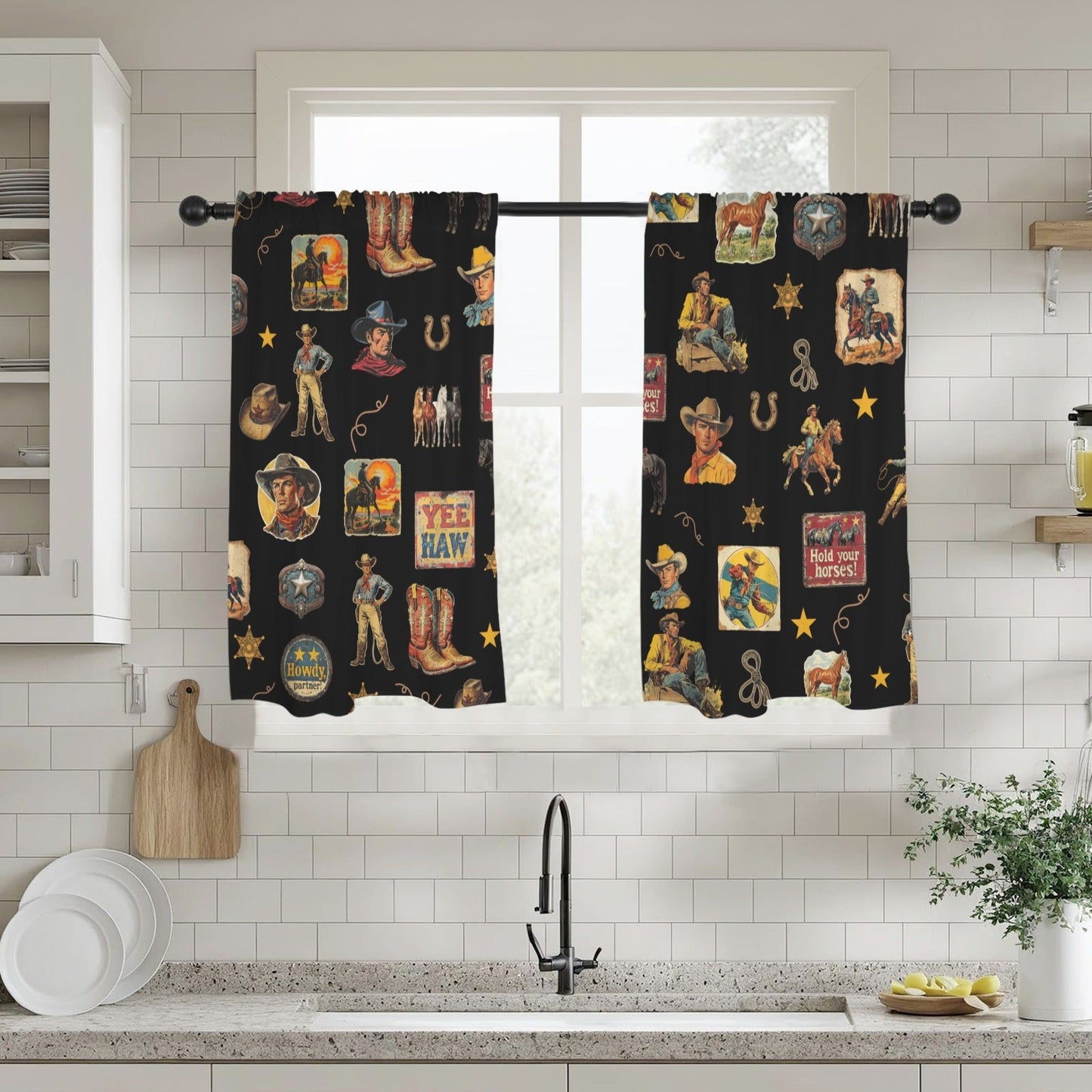 Vintage Cowboy Collage Western Curtains 28" x 40" Made in America