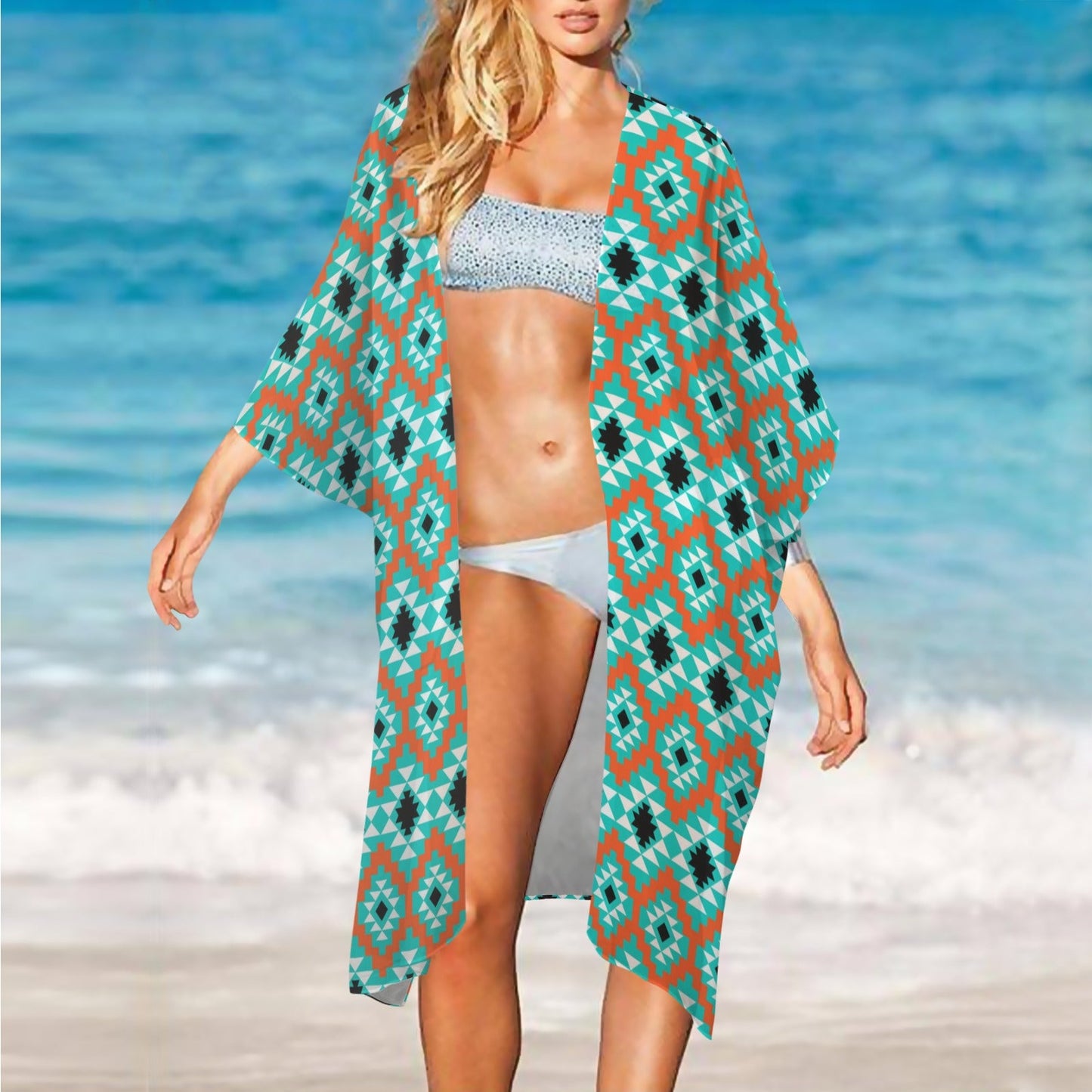 Turquoise Aztec Duster Kimono Coverup