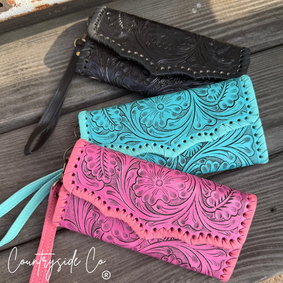 Piper Tooled Leather Wallet Wristlet