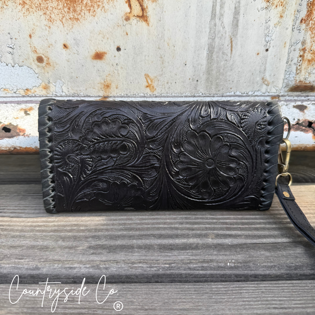 Piper Tooled Leather Wallet Wristlet