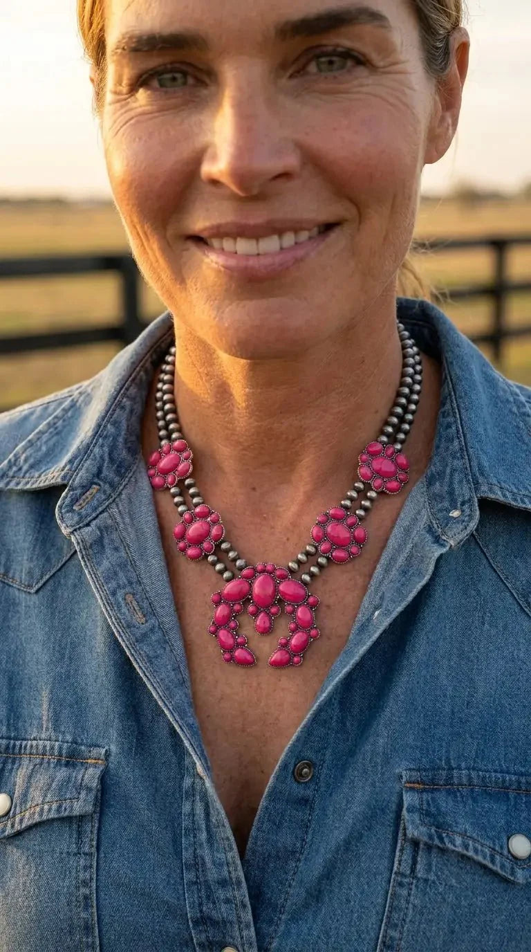 Faux Pink Squash Blossom Necklace on Double Strand Pearls -  18 inch necklace