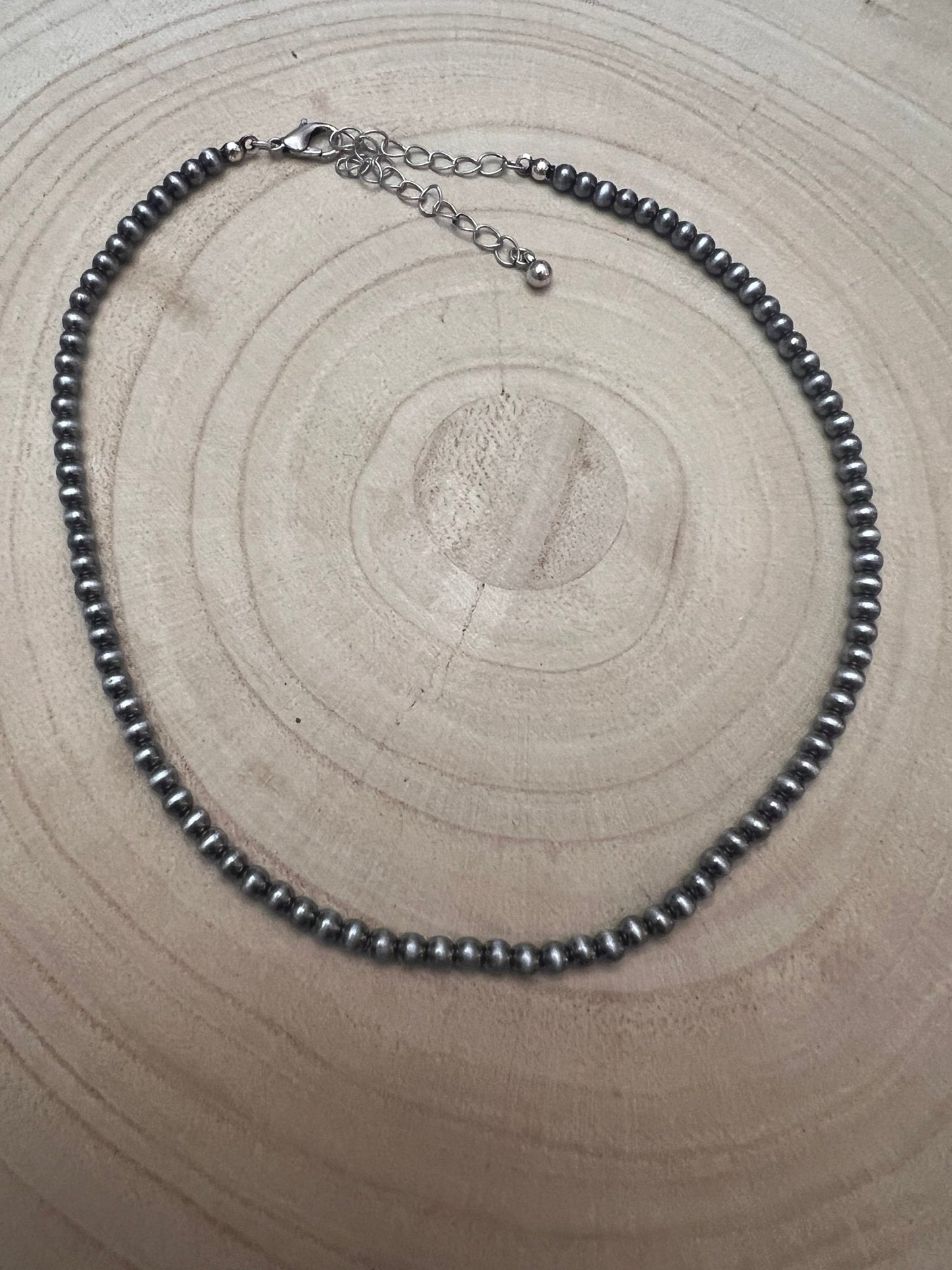 Western Faux Silver Pearl Choker — 4mm Navajo-Style Bead Necklace (12 Inch + Extender)