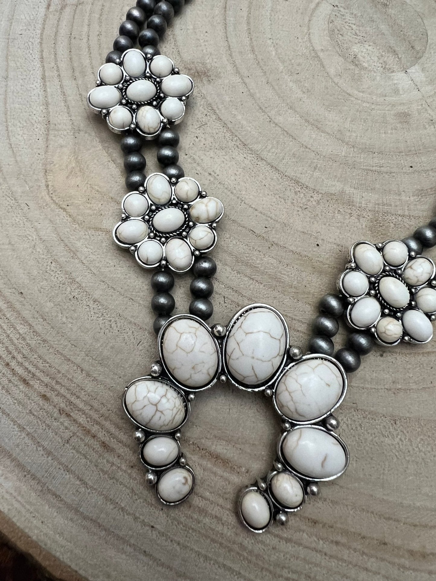 Faux White Buffalo Double Strand Squash Blossom Necklace -  18 inch