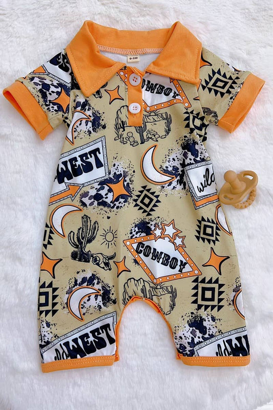 Infant ORANGE & GREEN COWBOY PRINTED ROMPER.
