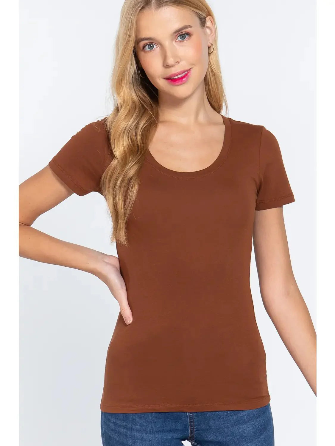 42POPS Fitted Basic Scoop Neck Western Tee — Coconut Cotton Stretch Wardrobe Essential