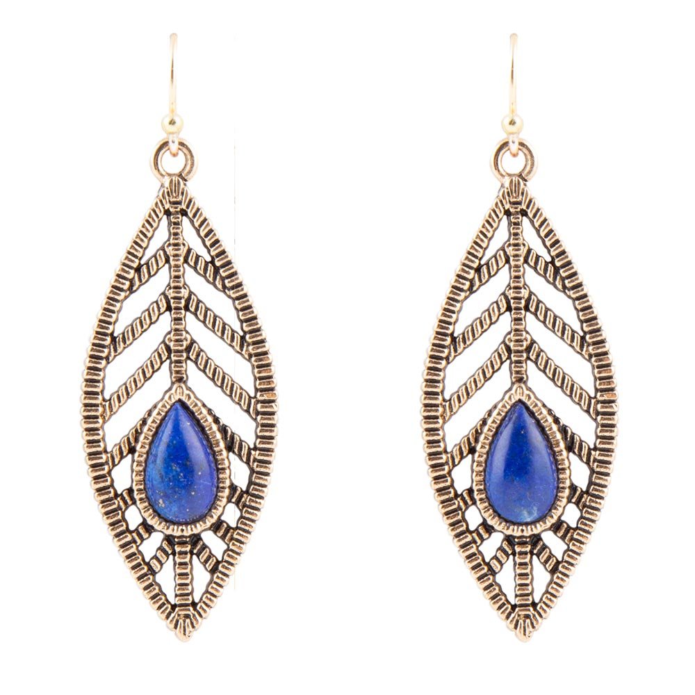 Flourished Blue Lapis Golden Feather Drop Earrings