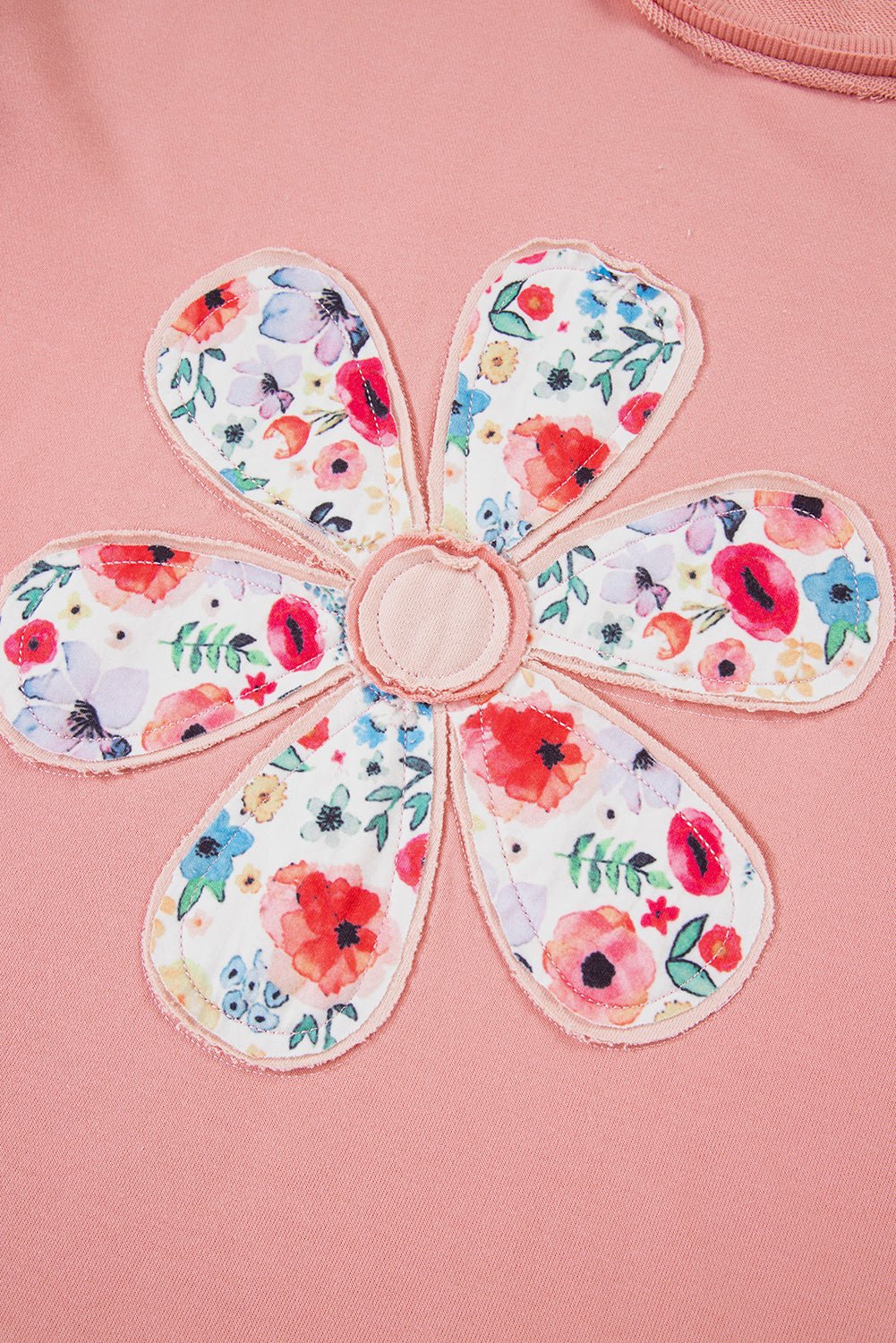 Flower Applique Patchwork Drop Sleeve Pullover Sweatshirt