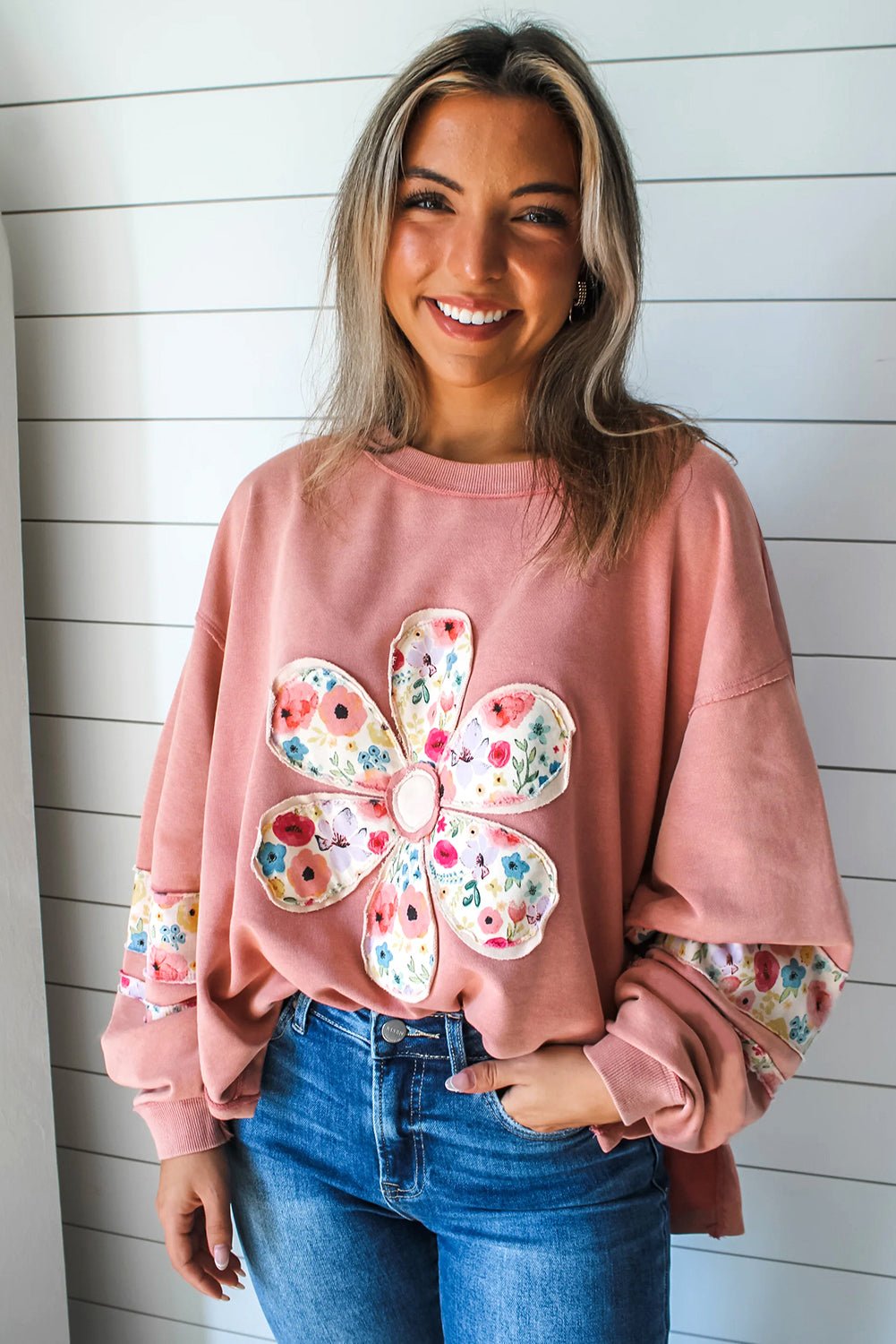 Flower Applique Patchwork Drop Sleeve Pullover Sweatshirt