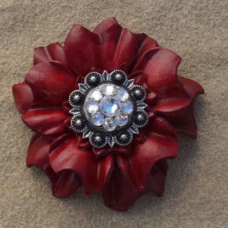 Red Carnation Flower With Antique Silver Clear 1" Concho