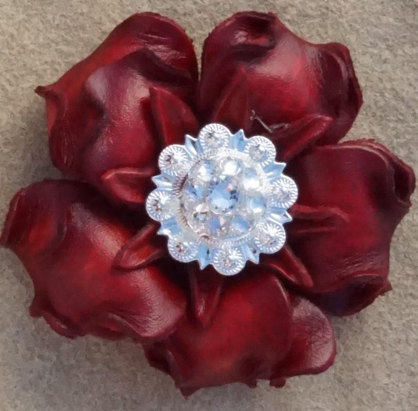 Red Gardenia Flower With Bright Silver Clear 1" Concho