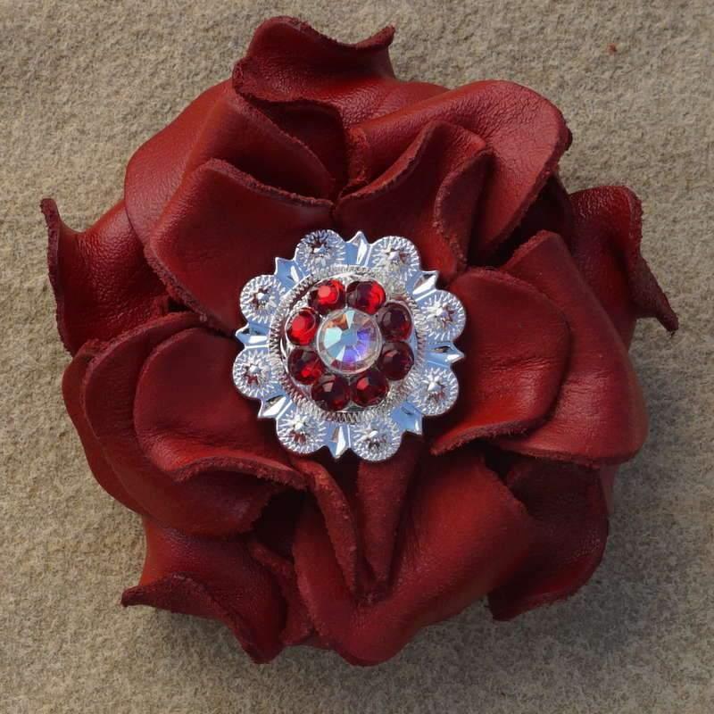 Red Rose Flower With Bright Silver Red & AB 1" Concho