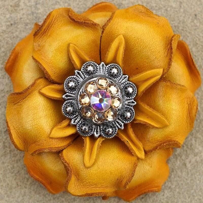 Yellow Gardenia Flower With Antique Silver Champagne & AB 1" Concho