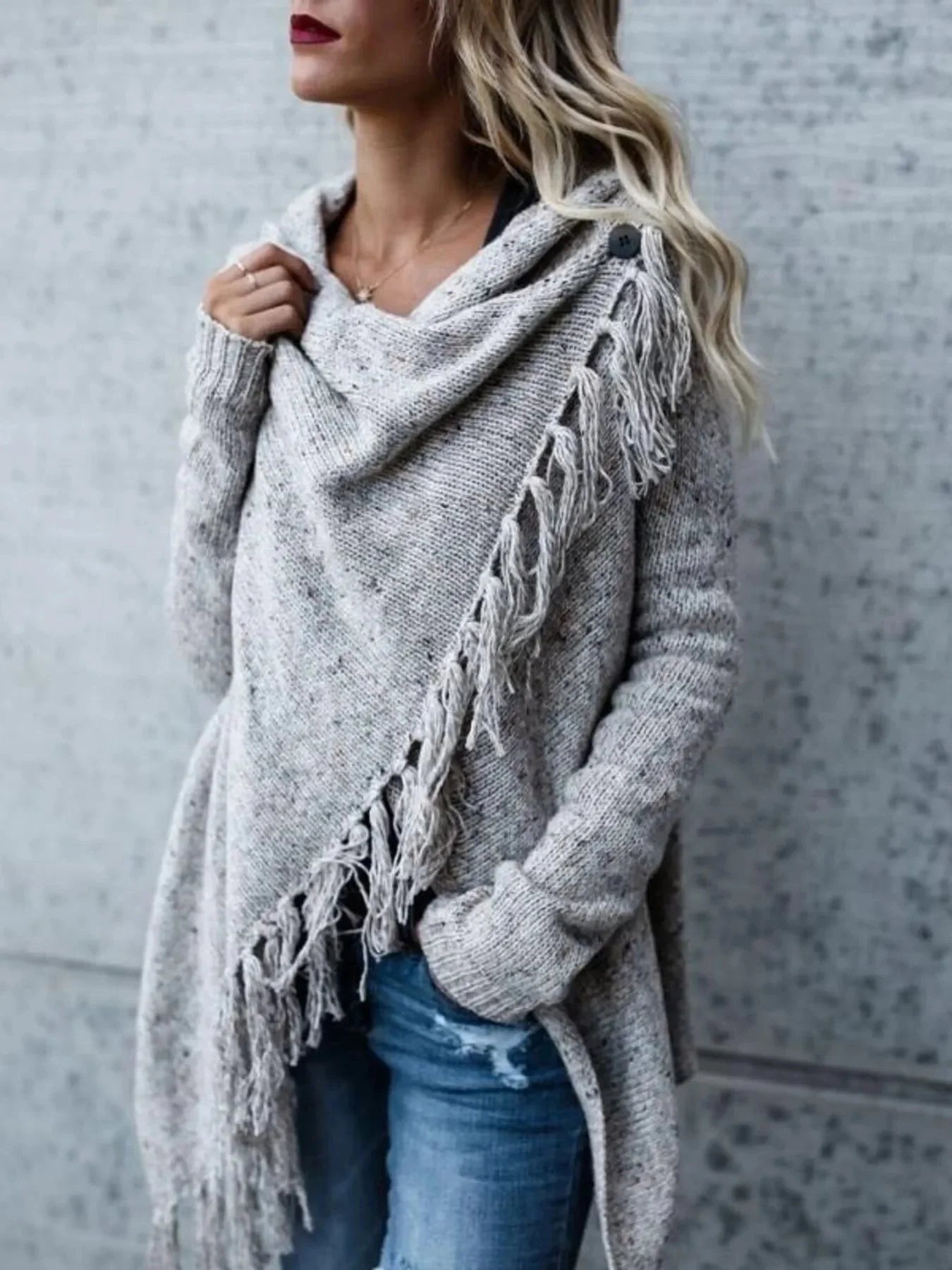 Fringe Long Sleeve Wrap Cardigan Button Fasten