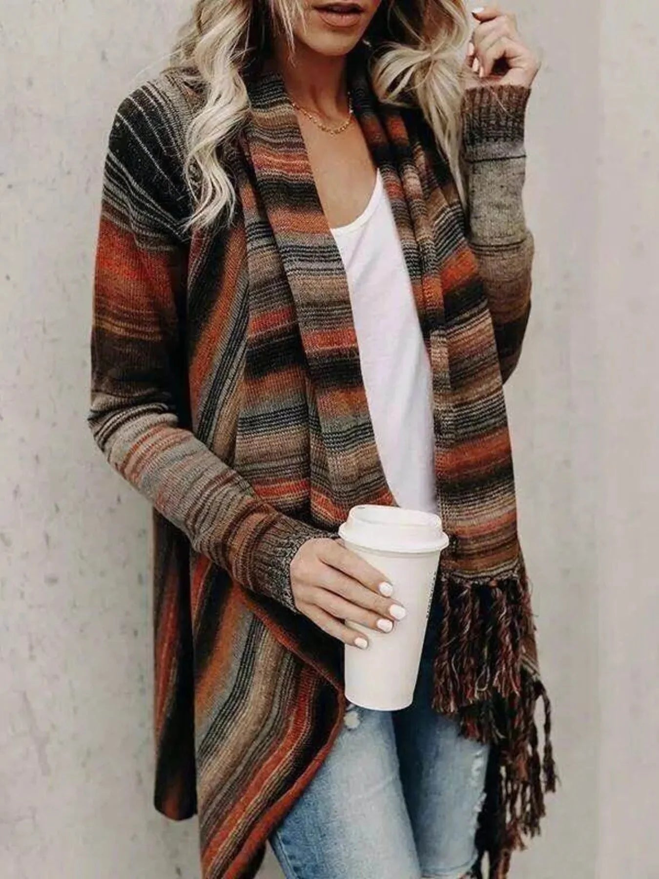Fringe Long Sleeve Wrap Cardigan Button Fasten