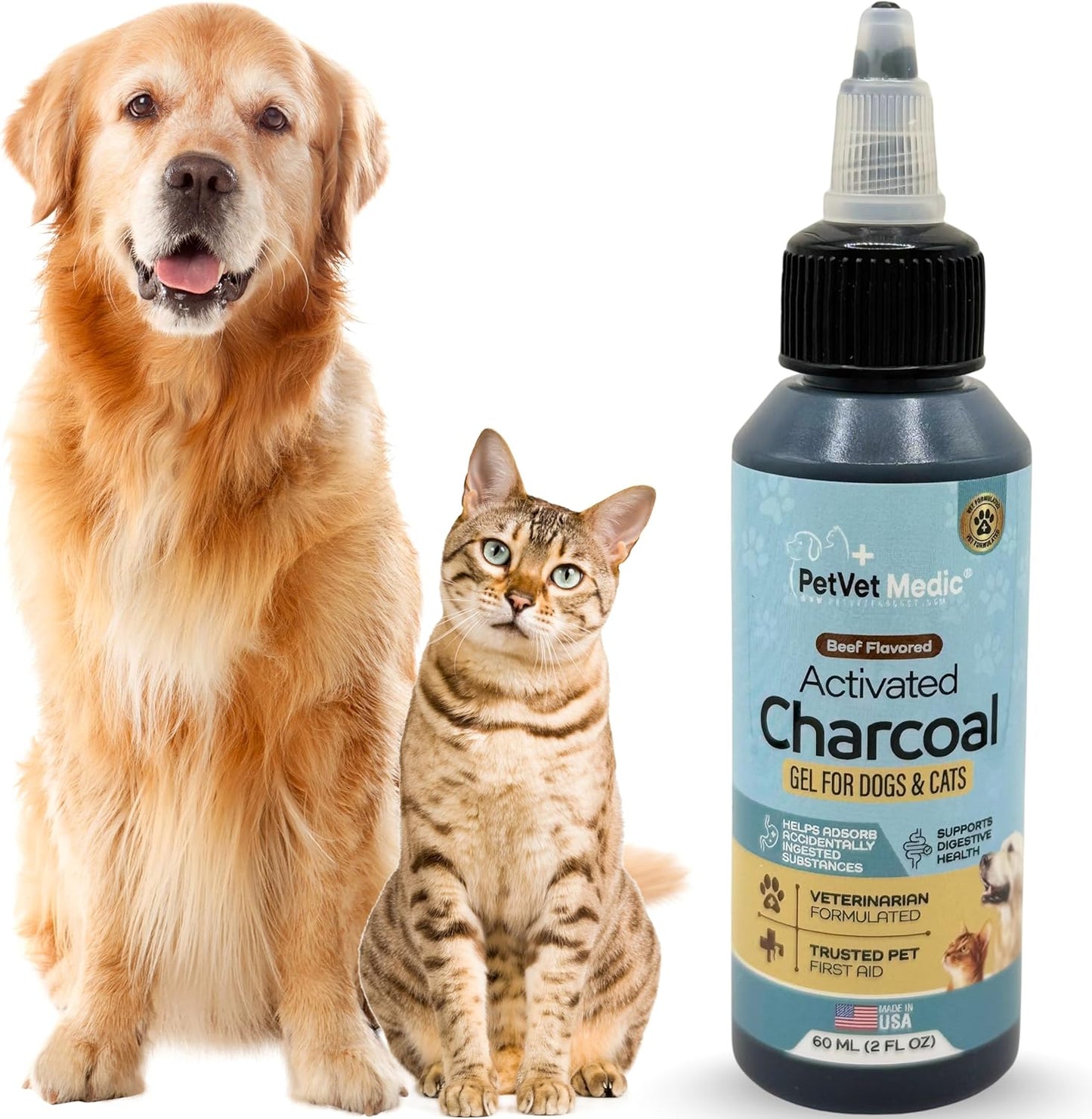 Pet Vet Activated Charcoal Gel for Dogs & Cats (60 mL) – Veterinary-Formulated, Natural Beef Flavor, Fast Toxin Adsorption for Poisoning, Stomach Upset, Diarrhea & Gas Relief – Made in USA