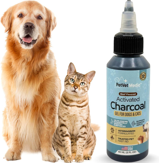 Pet Vet Activated Charcoal Gel for Dogs & Cats (60 mL) – Veterinary-Formulated, Natural Beef Flavor, Fast Toxin Adsorption for Poisoning, Stomach Upset, Diarrhea & Gas Relief – Made in USA