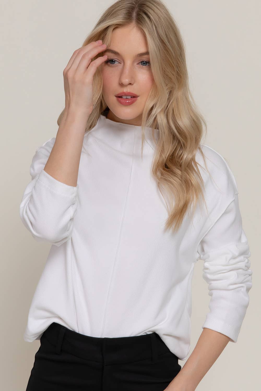 Active Basic "Frontier" Brushed Rib Mock Neck Western Top — Visible Overlocked Seams (Mushroom or White)
