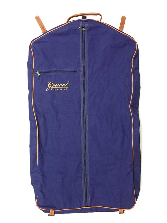 Navy Blue Garment Bag with Leather Trim