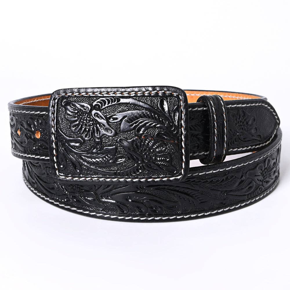 Genuine American Hand-Tooled Leather Belt — Western Unisex Black Belt with Removable Buckle