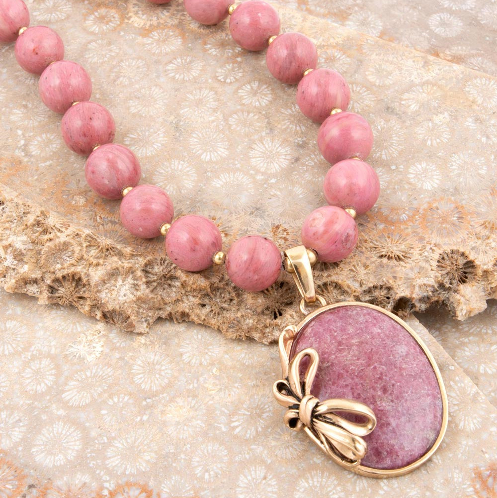 Gifted Pink Rhodonite Gold Bow Beaded Pendant Necklace