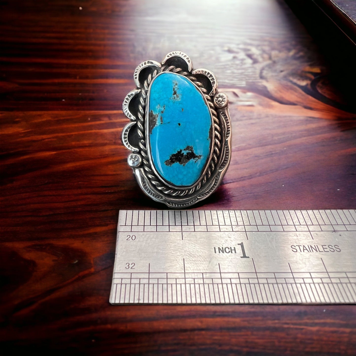 Large Blue Turquoise Cabochon Sterling Silver Statement Ring — Size 7 (1" Wide × 1 1/4" Long)