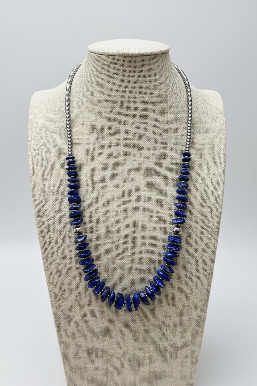 Graduated Lapis Necklace with Sterling Pearl & Hematite — 22 inch