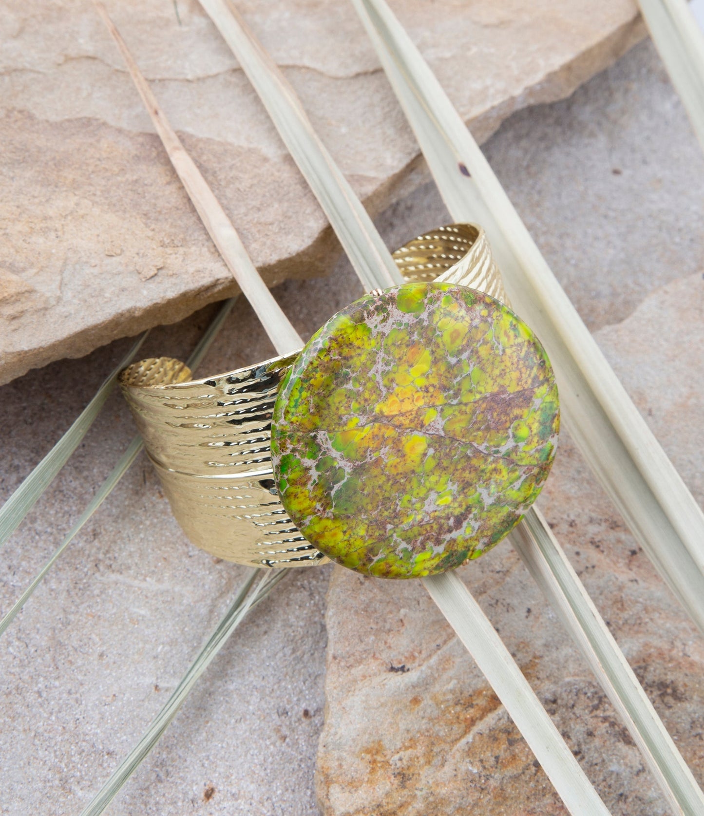 Lime Green Jasper Golden Statement Cuff Bracelet
