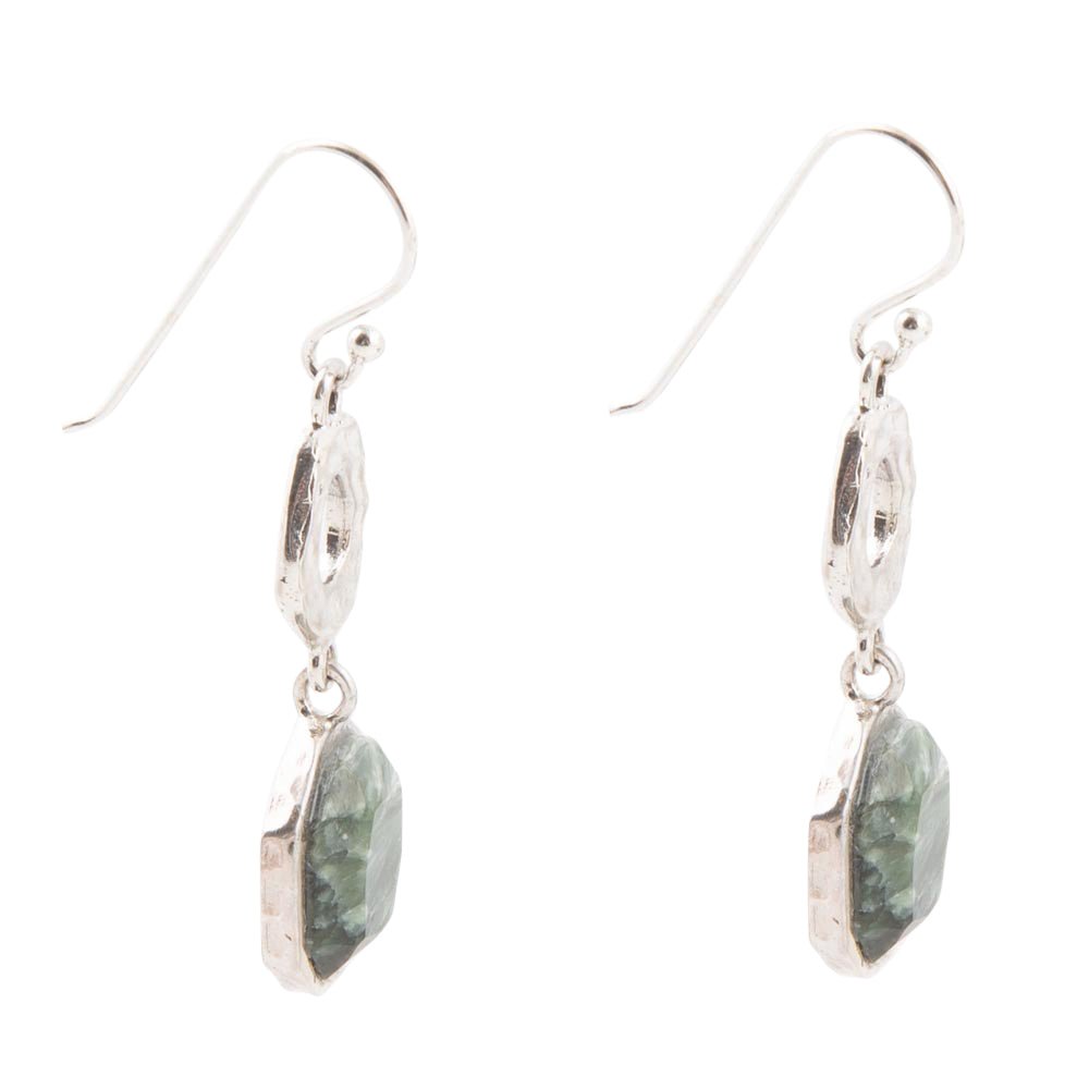 Hammered Green Seraphinite and Sterling Silver Drop Earrings