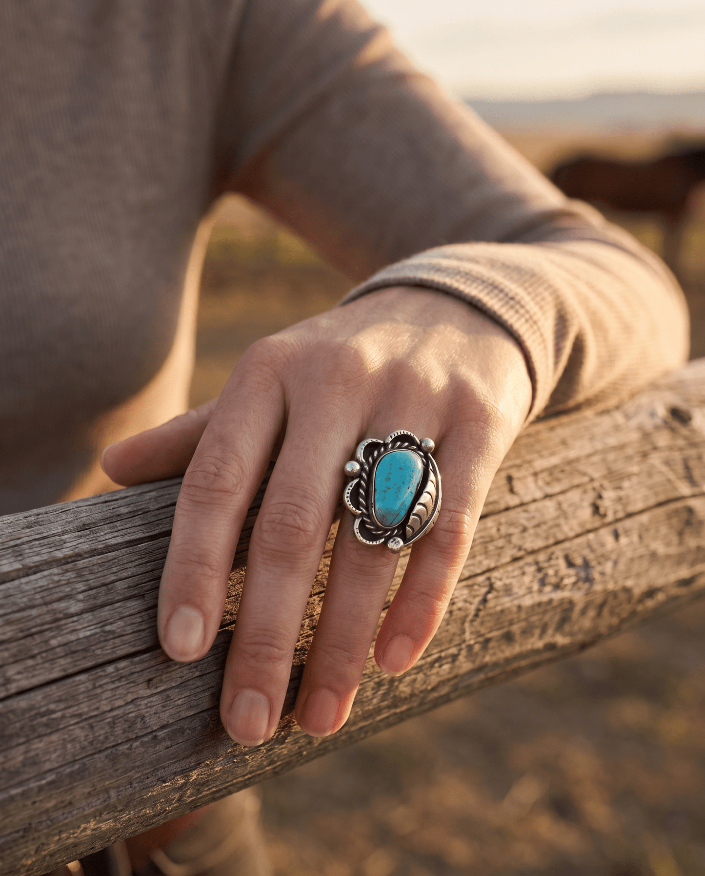 Hand-Stamped Sterling Silver Turquoise Cabochon Ring with Leaf Detail — Size 7