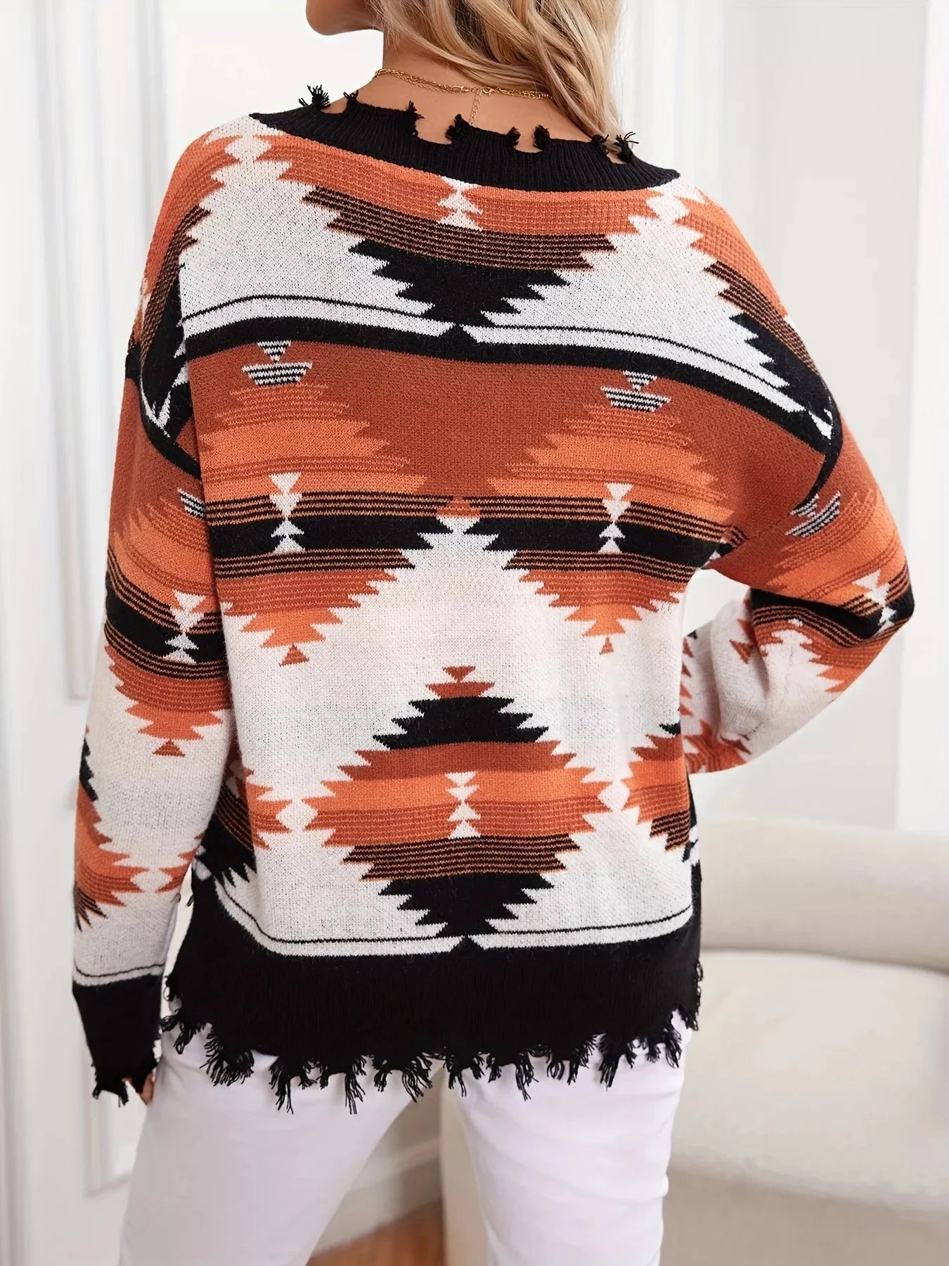 Heidi Frayed Hem V-Neck Long Sleeve Sweater